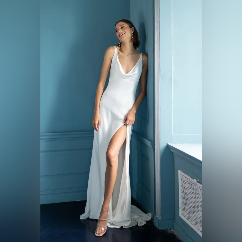 Jenny Yoo Mae Cowl Neck Side-Slit Slip Satin Wedding Gown